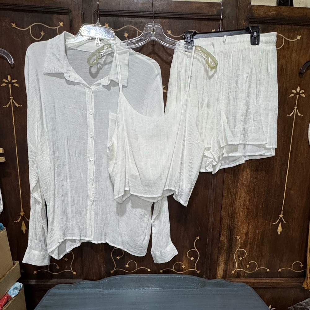 White Button-Up Shirt and Shorts Set